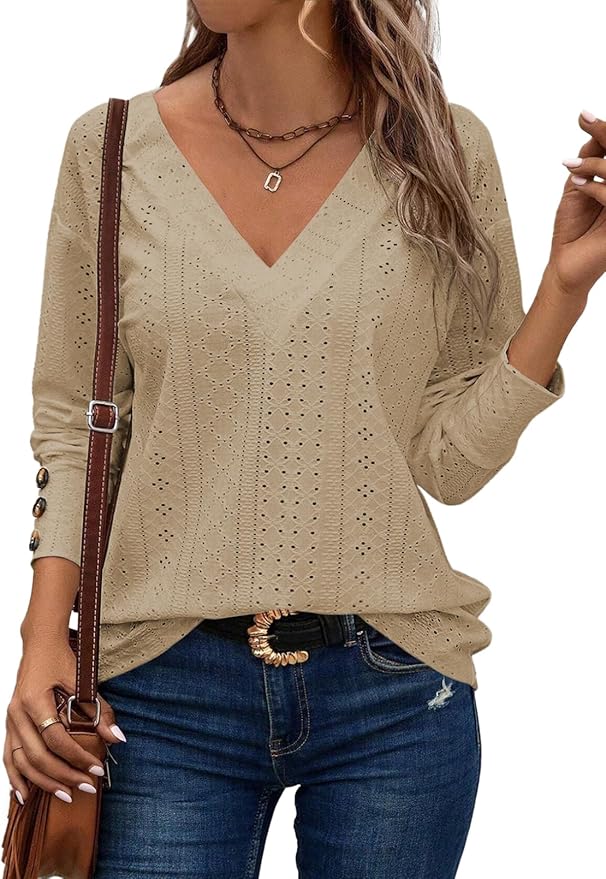Women's Tops Dressy Casual V Neck Long Sleeve Buttons Hollow Out Lace Embroidered Blouses Shirts - Trendy Store
